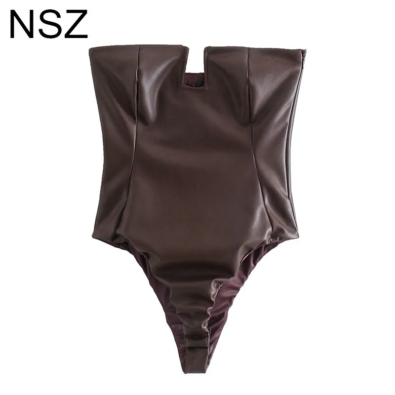 

NSZ Женский коричневый облегающий корсет из искусственной кожи с открытыми плечами и открытой спиной сексуальные боди наряды женский комбин...