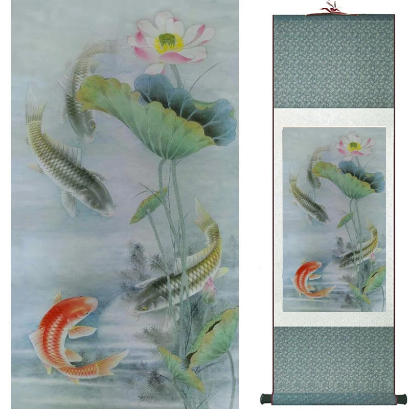 

Шелковая картина с рыбой Скручивающиеся картины традиционное искусство китайская живопись LTW20190828005
