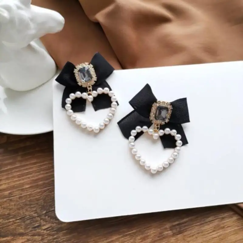 

Sweet Jewelry Black Bowknot Earrings Crystal Simulated Pearls Heart Earrings