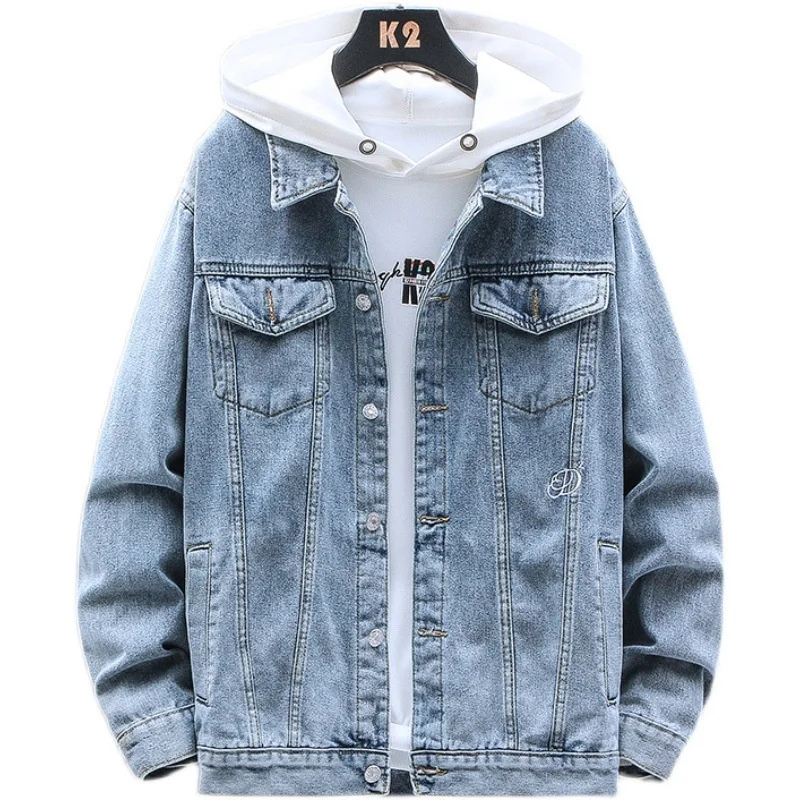 

Men Denim Jacket Streetwear Flower Embroidery Men's Hooded Jean Jackets Hip Hop Male Loose Outerwear Fashion Slim Fit Coat