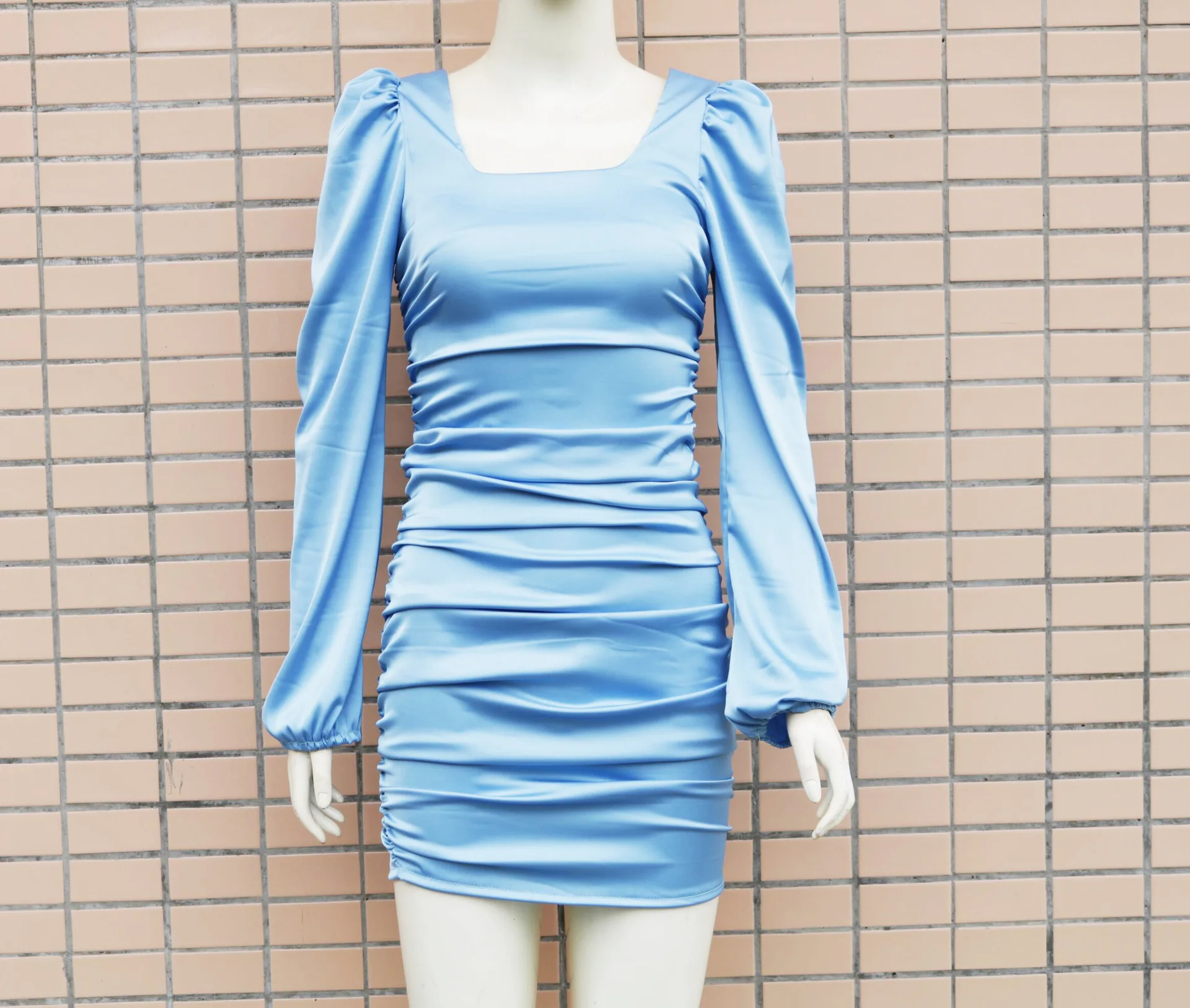 

New Satin Puff-Sleeve Ruched Dress for Women Solid Square Collar Sexy Dresses Ladies Streetwear Backless Zip Vestidos