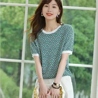 womens jacquard knitted t shirt summer ice silk short sleeve o neck pullover tops korean oversized loose tshirt femme