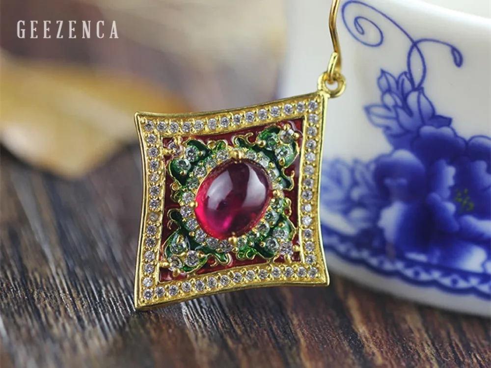 925 стерлингового серебра, Драгоценный Рубин, Cloisonne цвет, серьги ручной работы, ювелирные изделия, женские винтажные Роскошные серьги