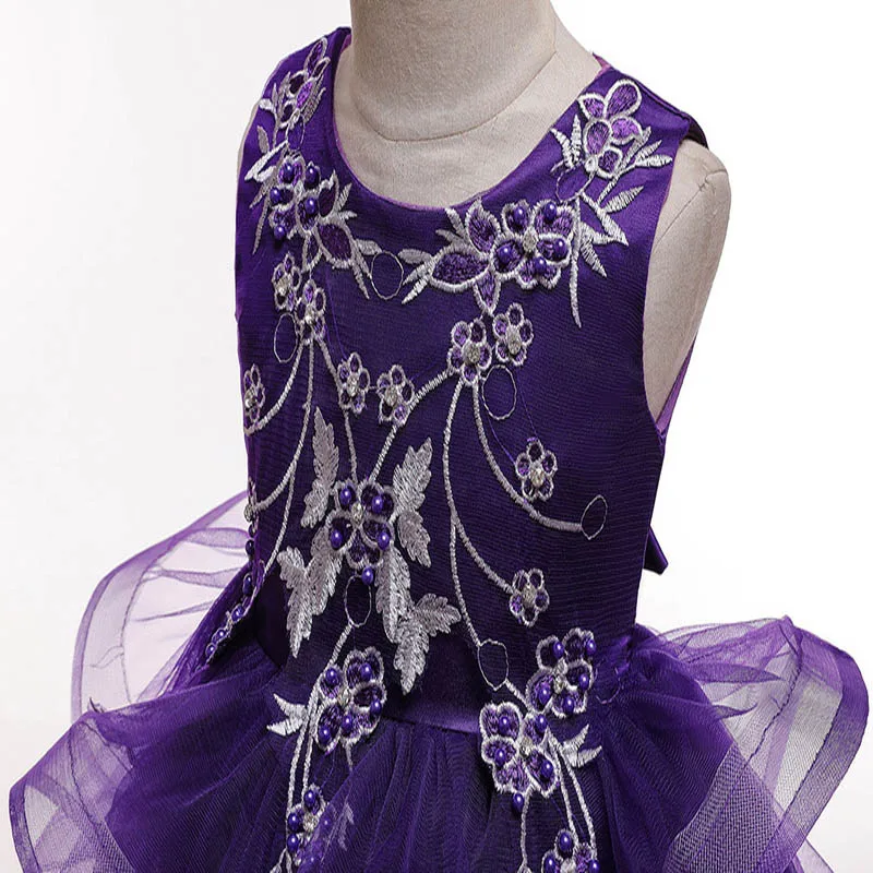 

Flower Girls Dresses Illusion Embroidery Pearls Tulle Lace Sleeveless O-Neck Knee-Length Ruched Kids Party Princess Gown F186