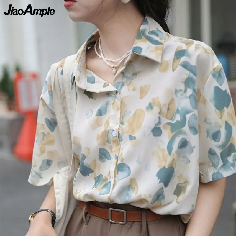 

Women's Summer Vintage Print Chic Thin Shirts 2021 New Fashion Short Sleeve Tops Lady Casual Loose Blouse Thin Cardigan Female
