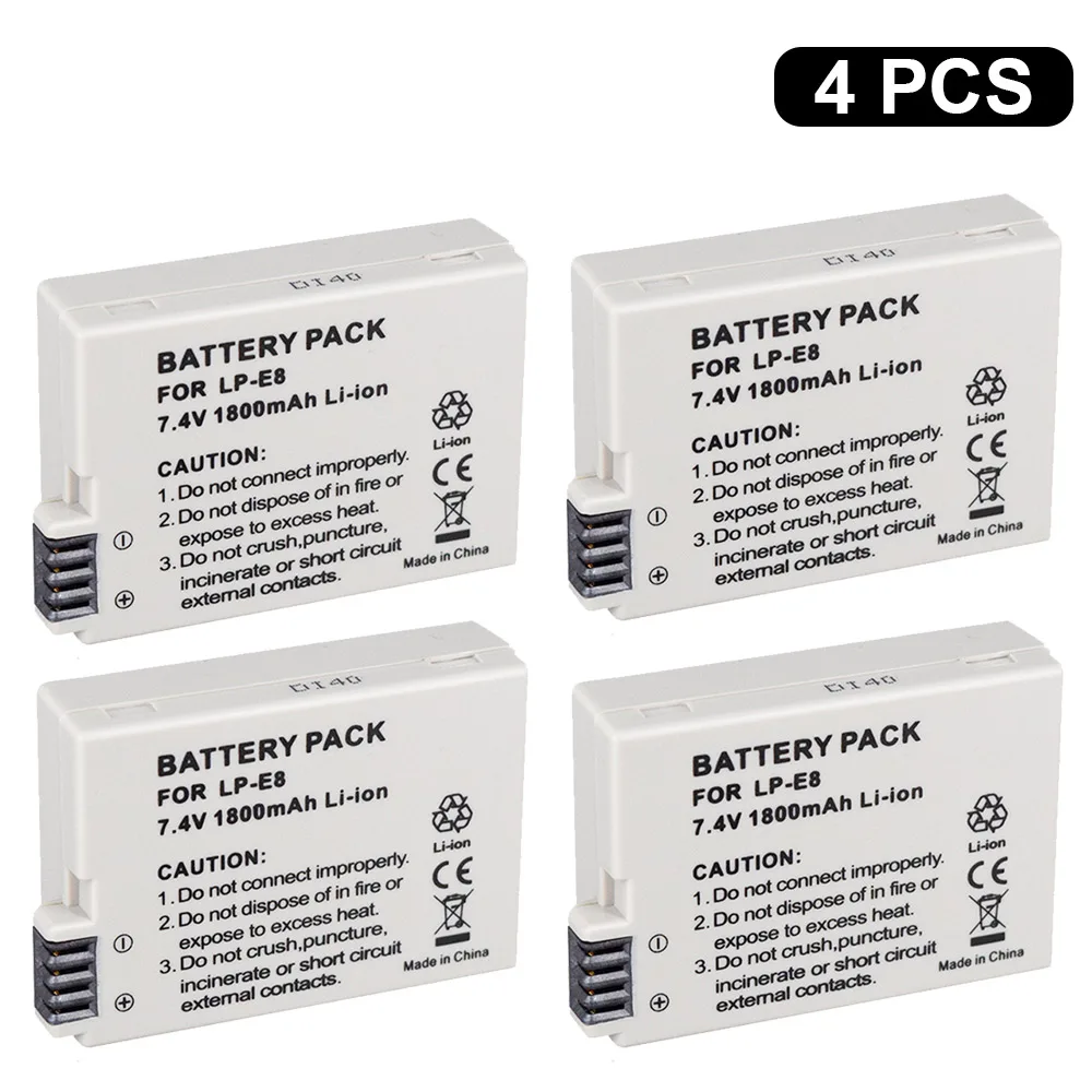 4pcs battery PALO 2 шт. LP-E8 LPE8 батарея для камеры+ lp e8 зарядное устройство lcd Смарт USB Цифровое зарядное устройство для canon EOS 550D 600D 650D 700D X4 X5 X6i T2 - Цвет: 4pcs battery