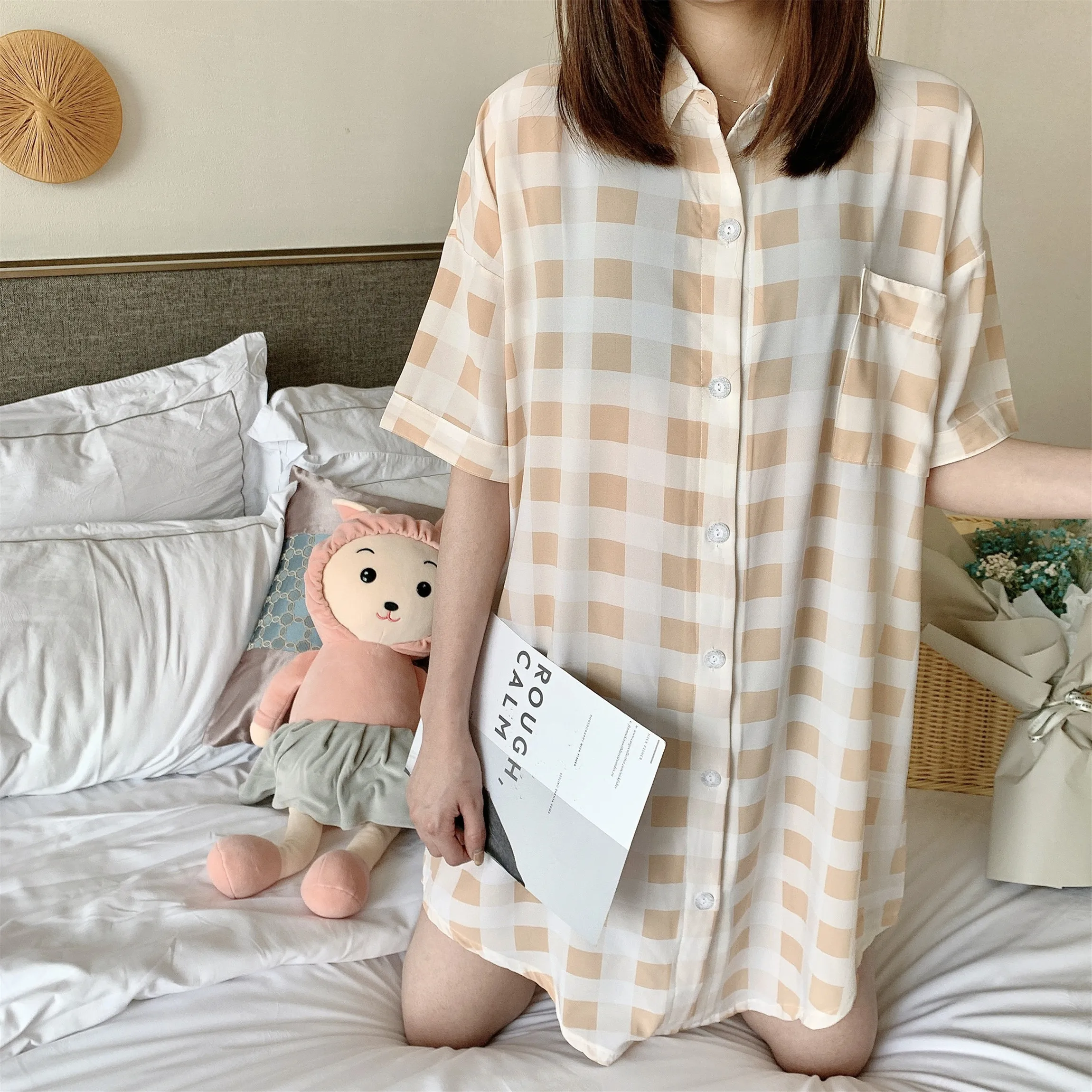 CAIYIER Sexy Thin Pyjamas Night Dress for Women Short-Sleeved Grid Print Nightgown Summer Lapel Leisure Midi Pattern Night Skirt