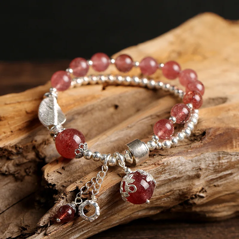 

OMHXZJ Wholesale CS11 Fashion Woman Party Birthday Gift Natural Strawberry Quartz Beads Tassel 100% 925 Sterling Silver Bracelet
