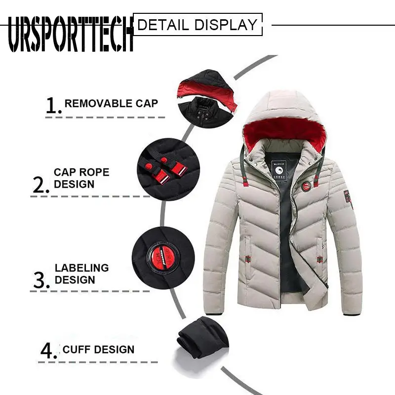 URSPORTTECH Winter Jacket Men Outdoor Hooded Thicken Mens Winter Male Jacket Windbreaker Coat Oversize Men Down Jackets Overcoat
