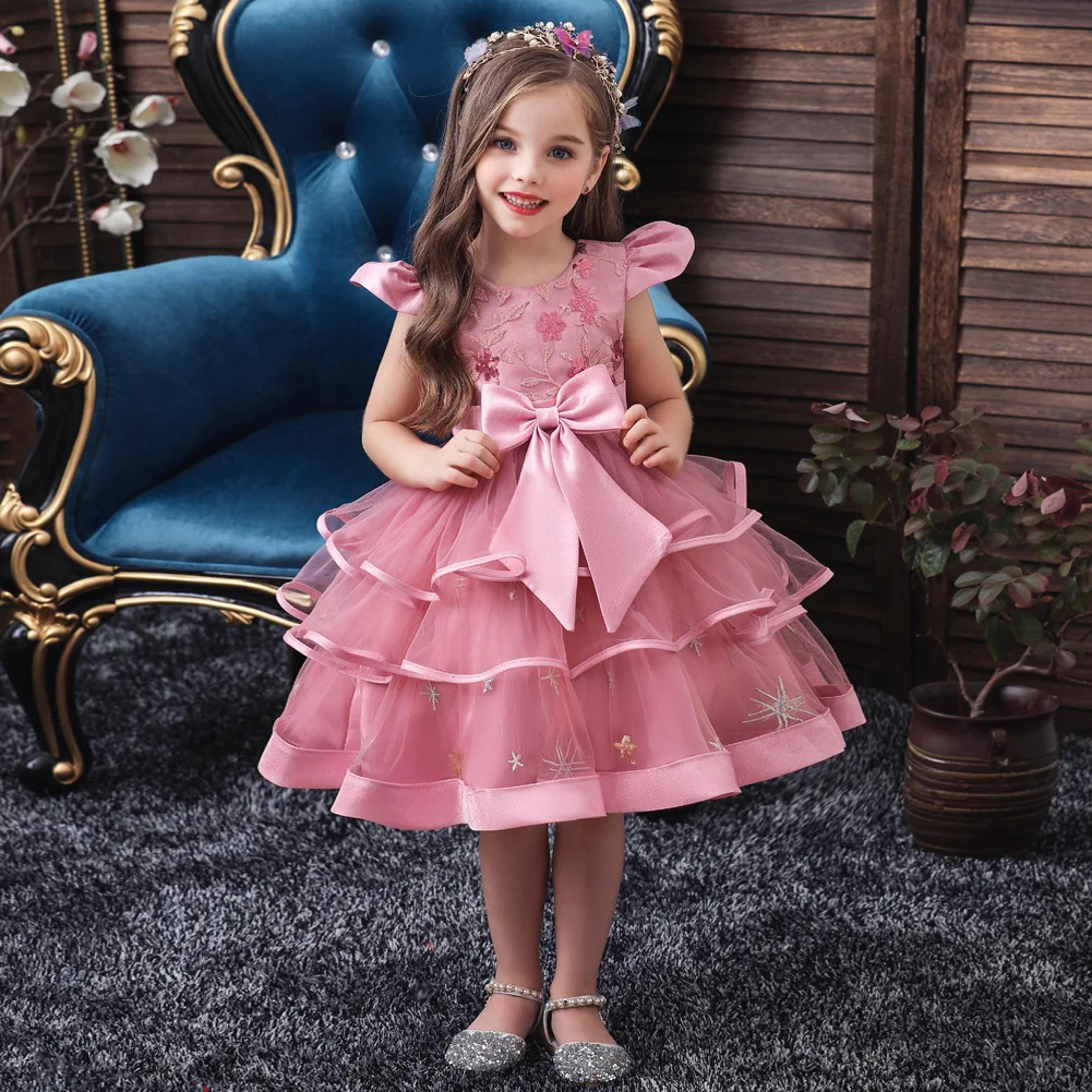 

2021 New Girls Sleeveless Embroidery Bow Princess Dress Kids Birthday Elegant Party Prom Ball Gown Children Costume 3-15 Year