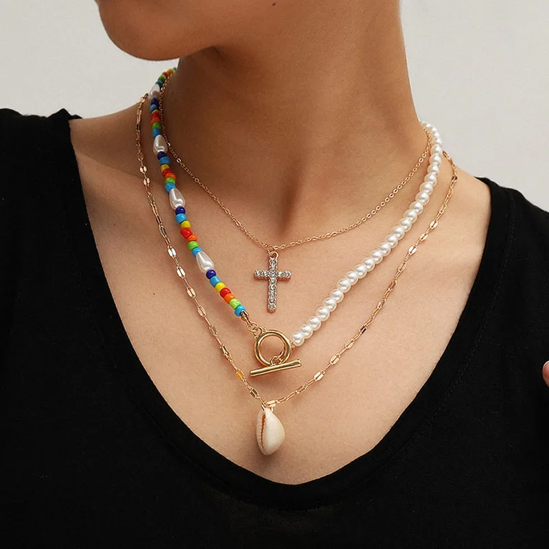 Этнические акриловые бусины жемчуг крест Морская раковина кулон ожерелье