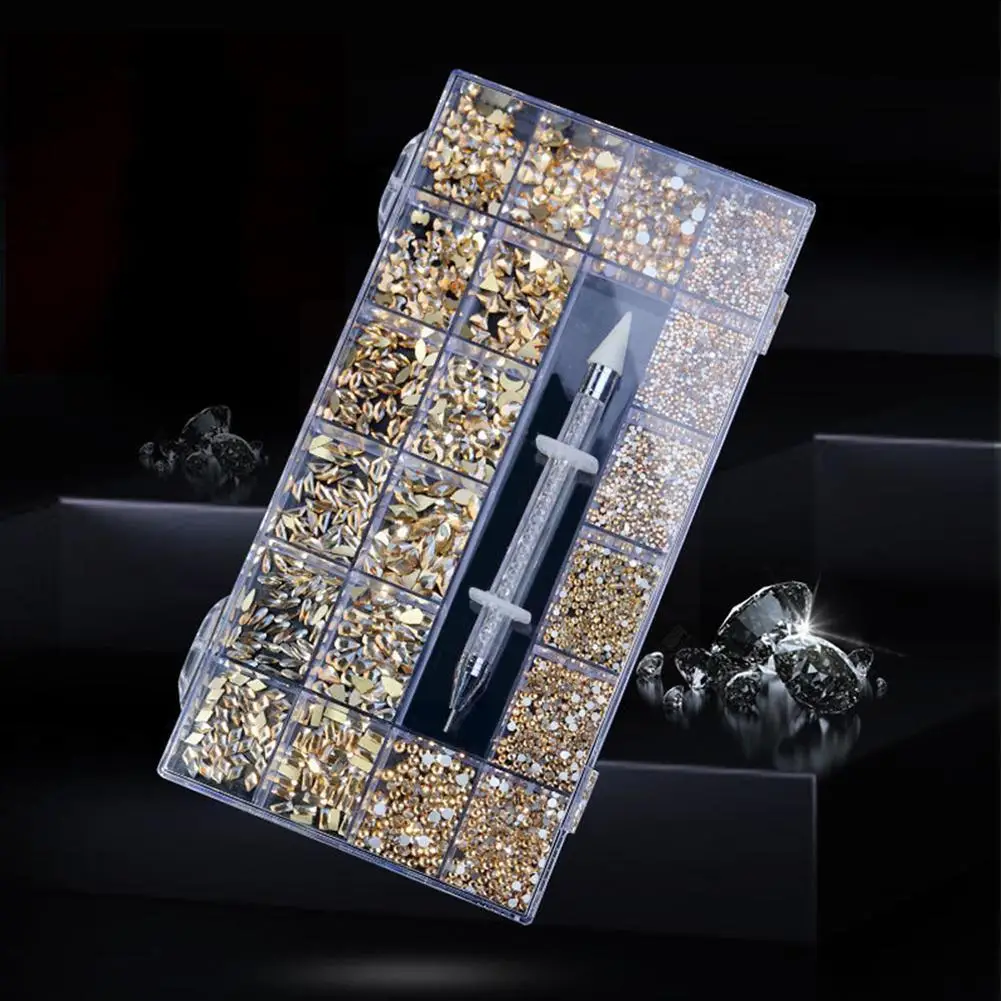 

1000Pcs/Box Mixed Combo AB Glass Crystal Diamond In Grids 21 Set With Nail Art Up Shape Pick Flatback And 1 Pen P4V2