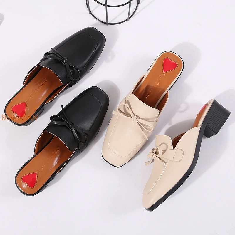 Женские кожаные шлепанцы Туфли Мэри Джейн на квадратном каблуке мюли с круглым