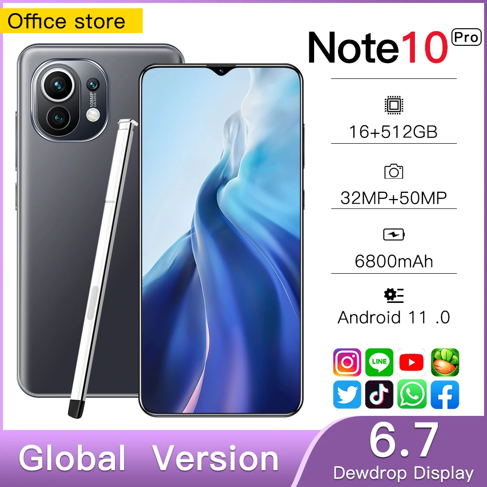 

Radmi Note 10 Pro 6.7 Inch Smartphone 6800mAh 16+512GB 32+50MP Android11 Support Google GPS 4/5G Global Version Android Phone