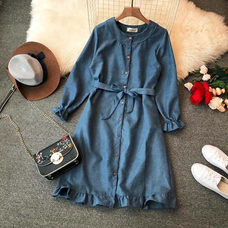 

YIZZHOY Spring Autumn Women Trumpet Sleeve New Solid Color Waist Closing Shirt Skirt Round Neck High Waist Medium Long Dress