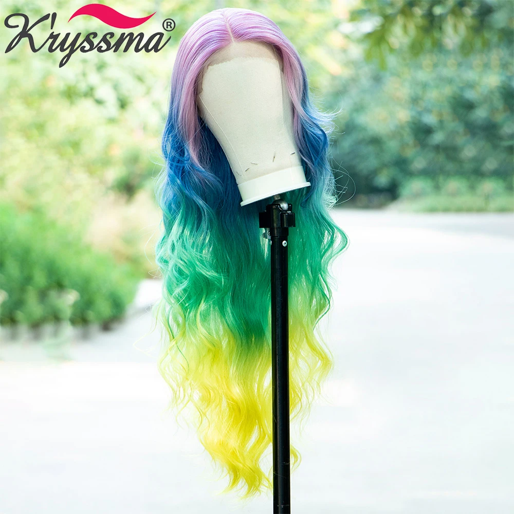 

Long Synthetic Lace Front Wig For Women Cosplay Colorful Rainbow Body Wave Wigs Ombre Pink Blue Green Yellow Women's Wigs