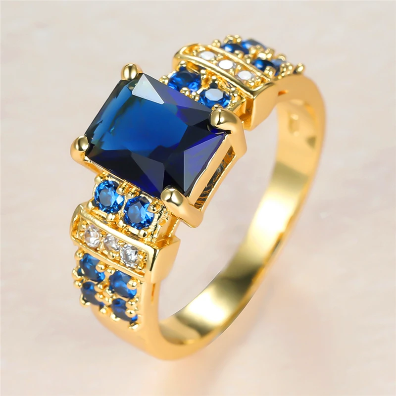 

Luxury Male Female Blue Crystal Stone Ring Yellow Gold Color Wedding Rings For Women Men Promise Square Zircon Engagement Ring