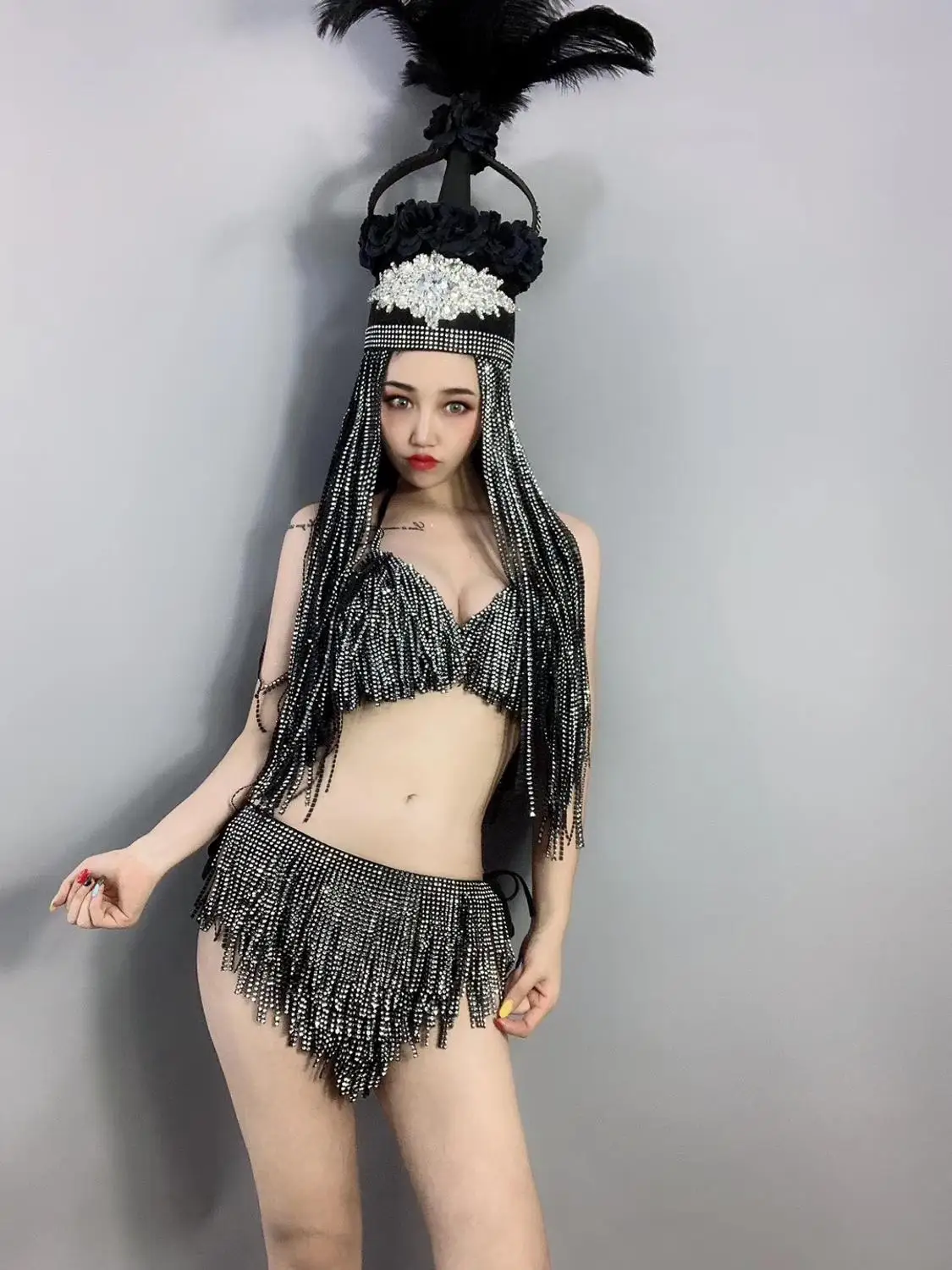 Women New Silver Shining Crystal Tassel Backless Bodysuit Black Fringes Bikini Dance Outfit Sexy Bar Nightclub DJ Singer Costume |