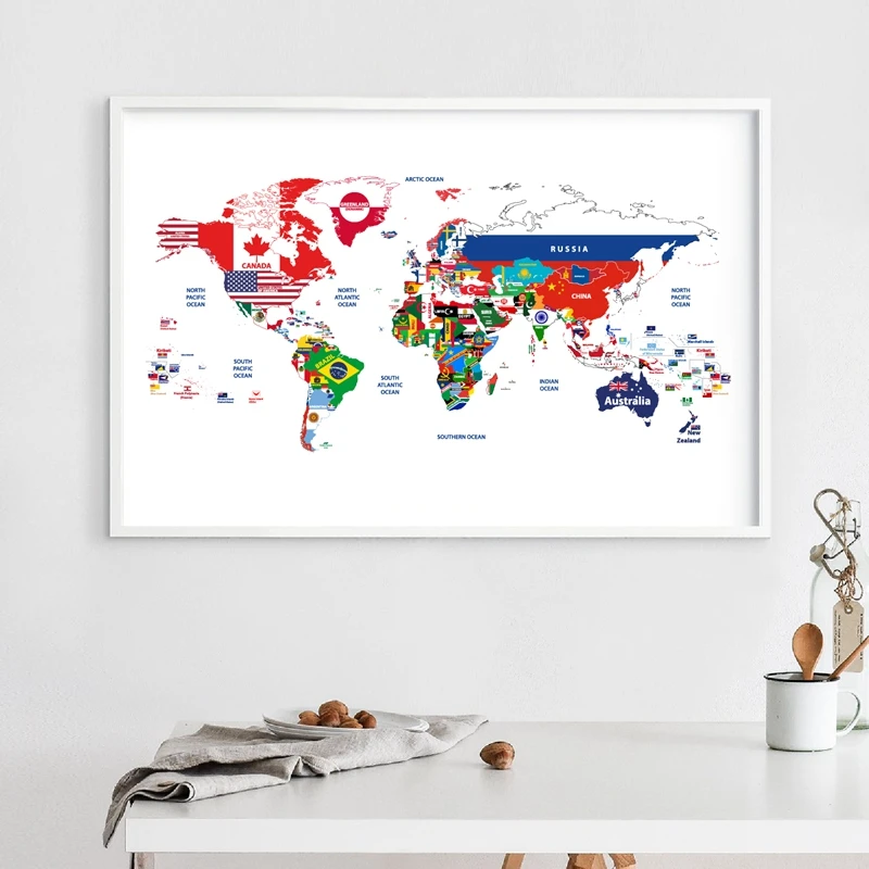 

Modern World Map Poster Jointed with Countries Flags Canvas Art Prints Creative Map Painting Wall Picture Living Room Home Decor