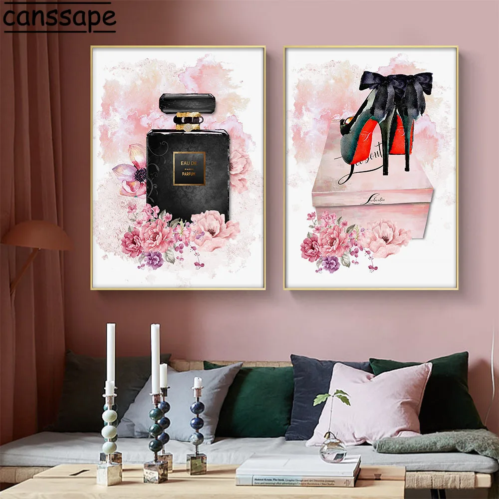 Модный постер с флаконом духов на высоком каблуке Настенная картина постеры для