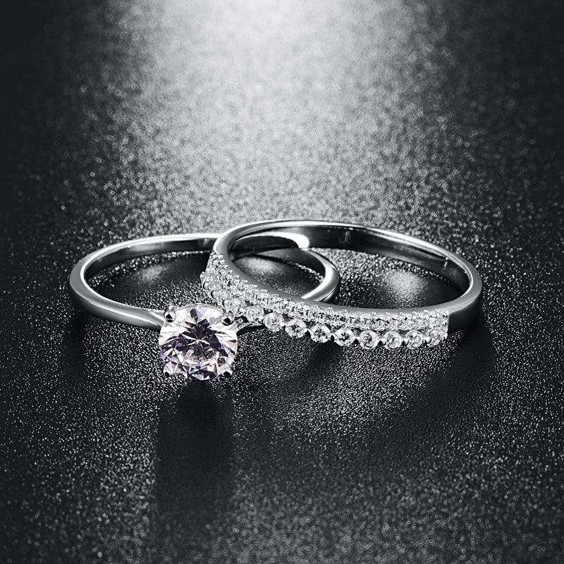 

BONLAVIE Round Cut Ring Set 925 Sterling Silver Rings Solid Bague 2pcs Engagement Wedding Bridal Ring Set Jewelry