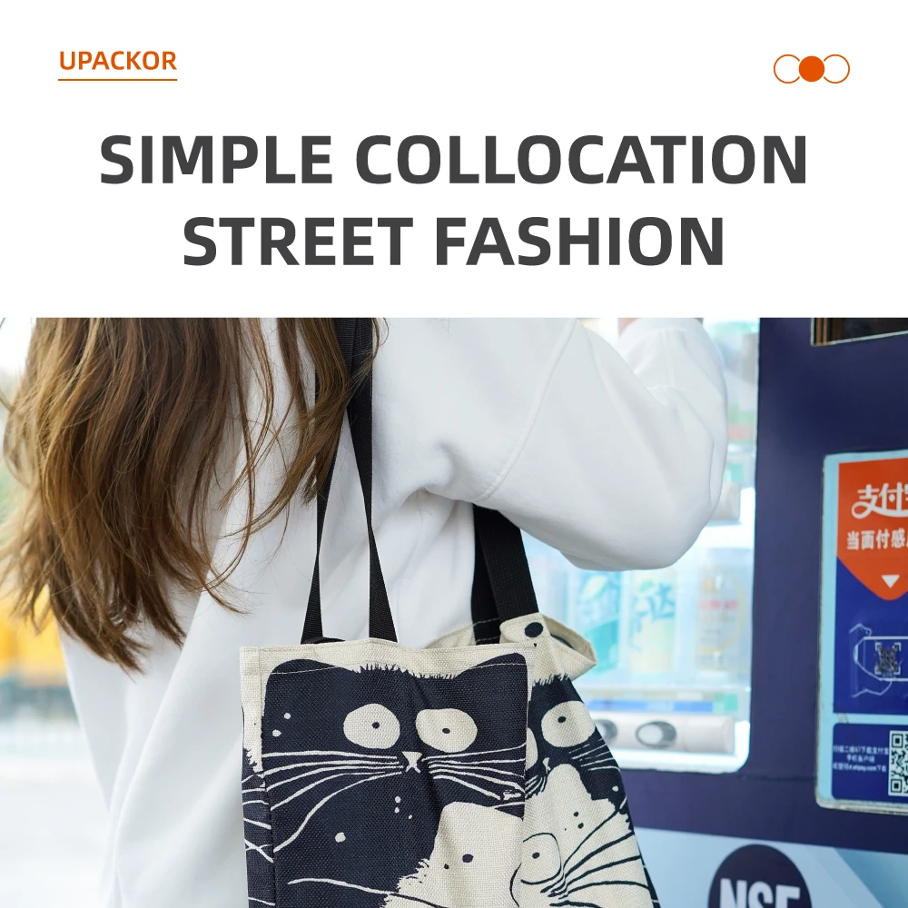 

Upackor Canvas Big Capacity Shopping Bag Cute Cat Black And White Printing Shoulder Bag Reusable Casual Tote Female Handbag