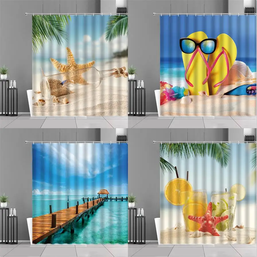 

Синяя занавеска для душа Sunny Beach s Морская звезда кокосовое дерево деревянная мостик морской пейзаж занавеска для ванной водонепроницаемый домашний комплект декора для ванной