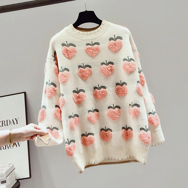 Женский трикотажный свитер с принтом персика в японском стиле | Женская одежда