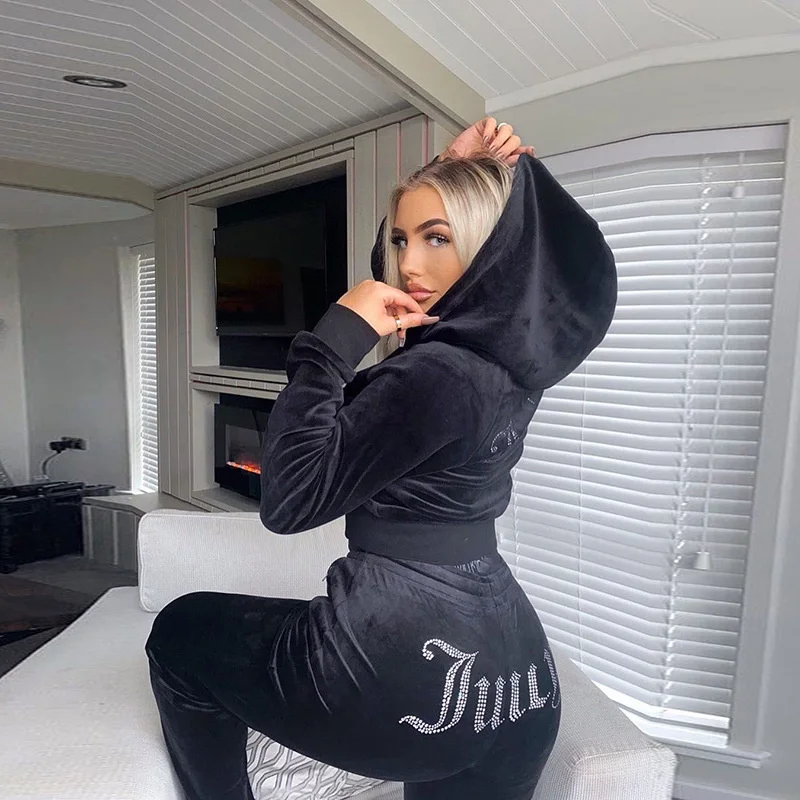 

Cutubly Tracksuit Two Pieces Sets Diamonds Letters Pants Suits Outfit For Women Girls 2 Piece Hoodie Sweatshirt Pant Set Velvet