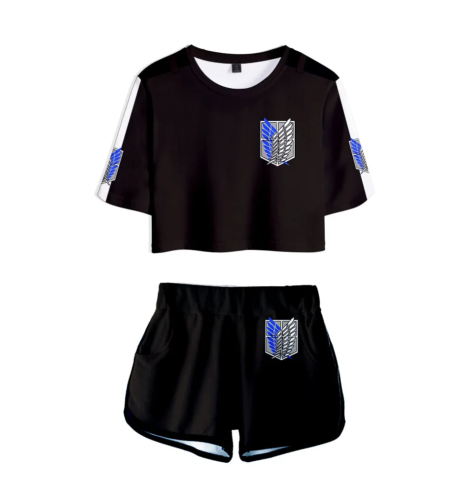 

Summer Women's Sets Anime Attack on Titan Short Sleeve Crop Top + Shorts Sweat Suits Women Tracksuits Two Piece Outfit Cosplay