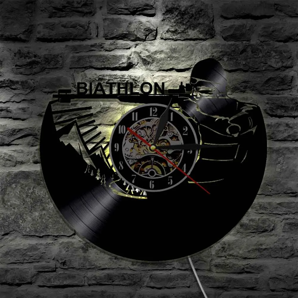 Настенные часы для домашнего декора зимнего биатлона спорта стрельбы виниловой