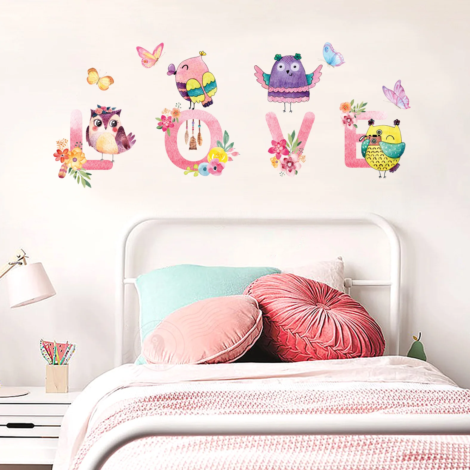 Наклейки на стену с совами цветными бабочками цветами домашнее украшение для