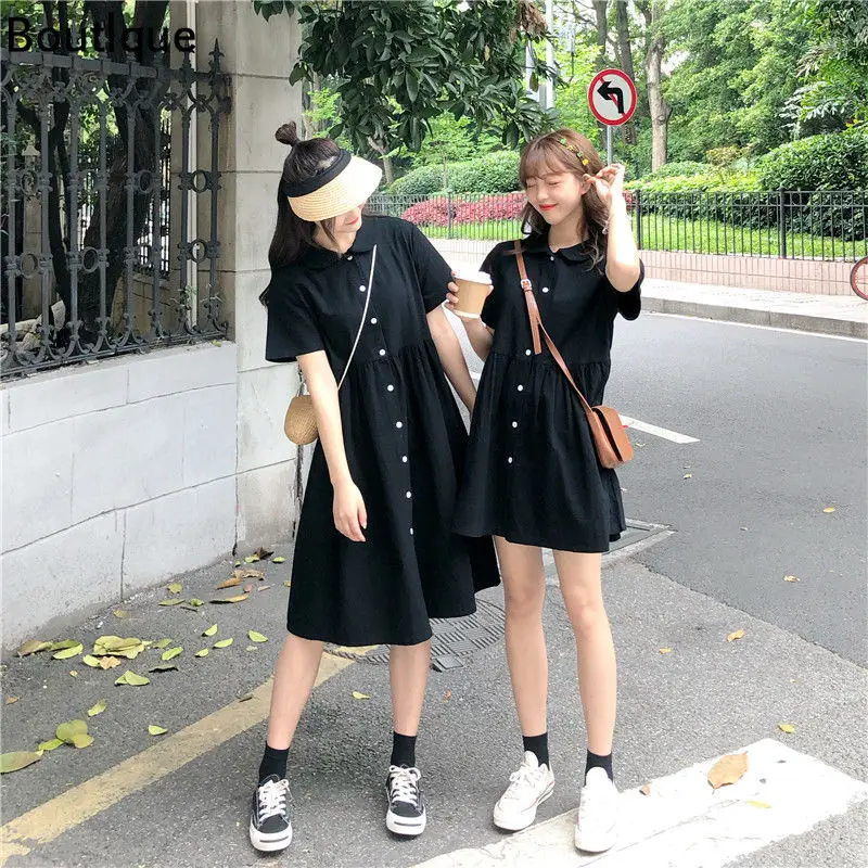 

Милое милое женское модное элегантное платье с коротким рукавом и воротником Питер Пэн черное однобортное свободное платье-трапеция в стил...