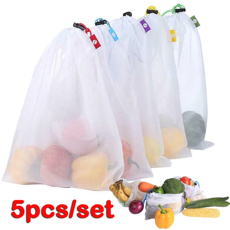 

5 Pcs/set Reusable Vegetable and Fruit Net Production Bags Colored Tape Washable Eco-friendly Bags for Storing Toys and Sundries