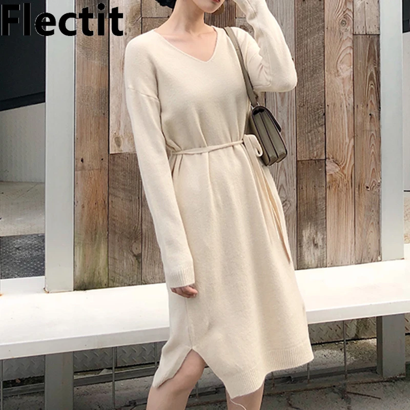 Flectit женское трикотажное платье с поясом мягкий кашемировый длинный рукав