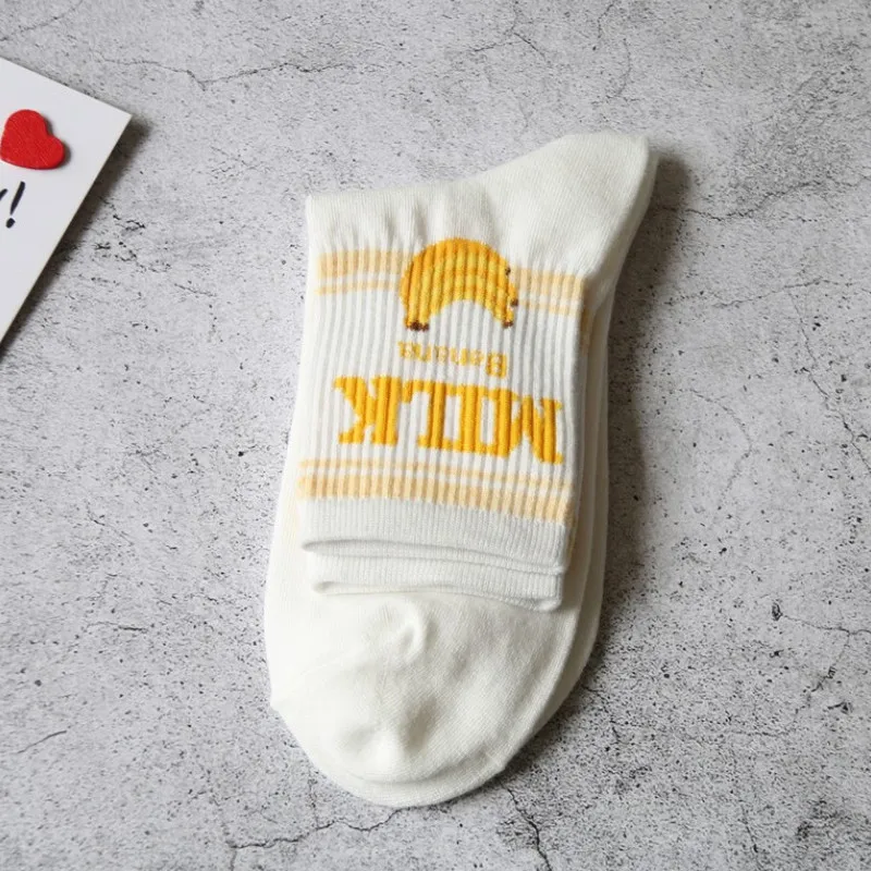 D Pile Heap Milk Women Pink Socks Cotton Cartoon Fruit Print Cute Socks Meias Korean Harajuku Style with Cow Strawberry Banana 39 - Цвет: D