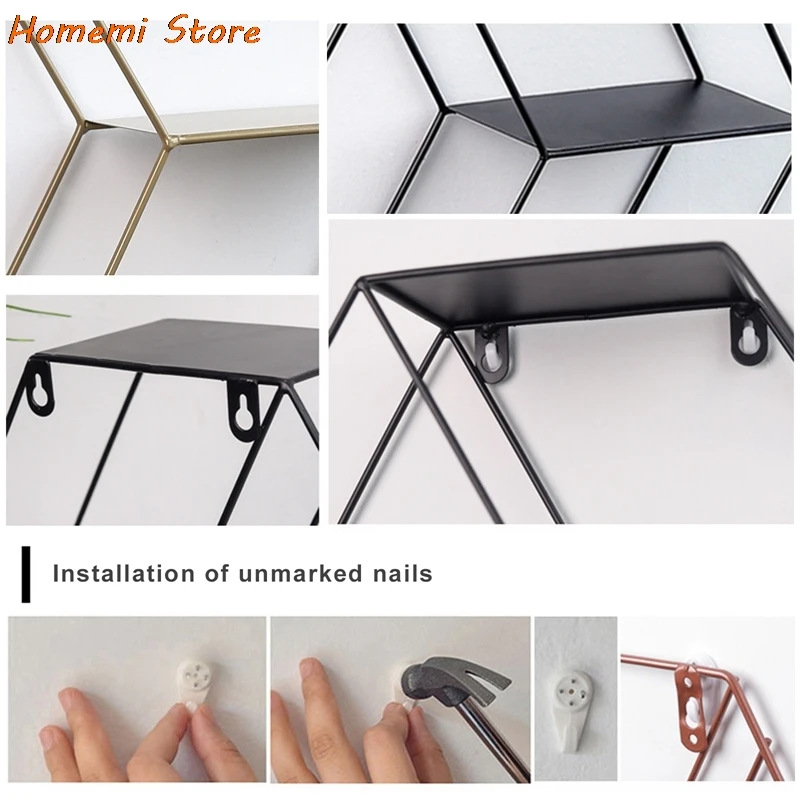 

Nordic Wall Mounted Shelves Decoration Craft Hexagonal Iron Shelf Home Shelf Storage Holder Wall Decorative Shelves