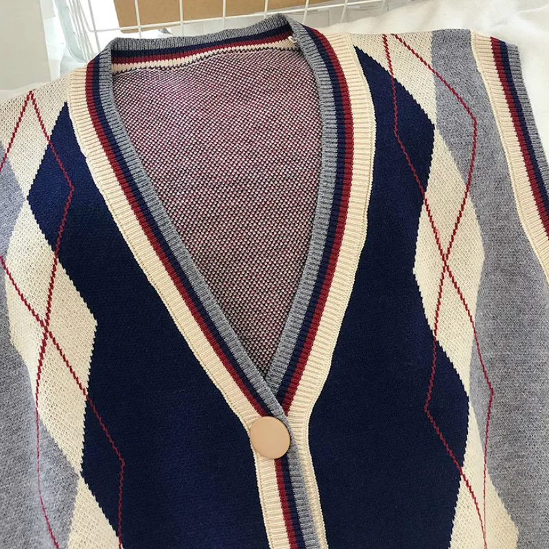 

Sweater Vest Women Korean Style Fashion Leisure V-neck All-match Geometric Printed Jumpers Elegant Comfortable Soft Button Fly