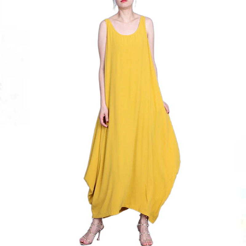 

XITAO Pleated Solid Irregular Dress Women 2021 Summer New Personality Fashion Loose Pullover O-neck Sleeveless Dress WMD1625