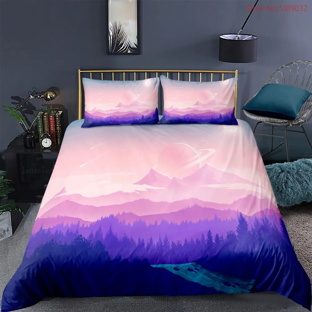 

2/3 Piece Natural Scenery Duvet Cover Sets 3D Tree Mountain Sunrise Print Bedding Set Beautiful Landscape Quilt Cover Pillowcase
