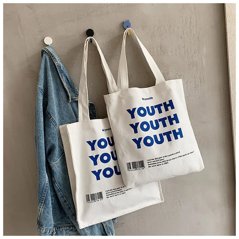 

Creative Women Reusable Shopping Pouch Casual Large Capacity Storage Tote Letter Printing Canvas Female Handbag