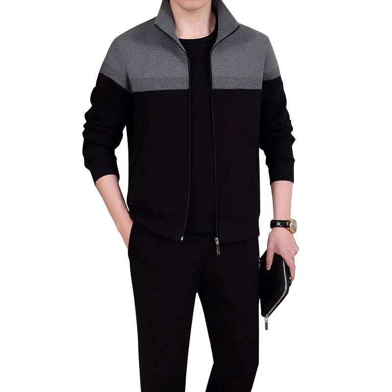 

Spring Winter New Men's Cardigan Single-Breasted Fashion Knit Plus Size Stitching Colorblock Stand Collar Coats Jackets+pants