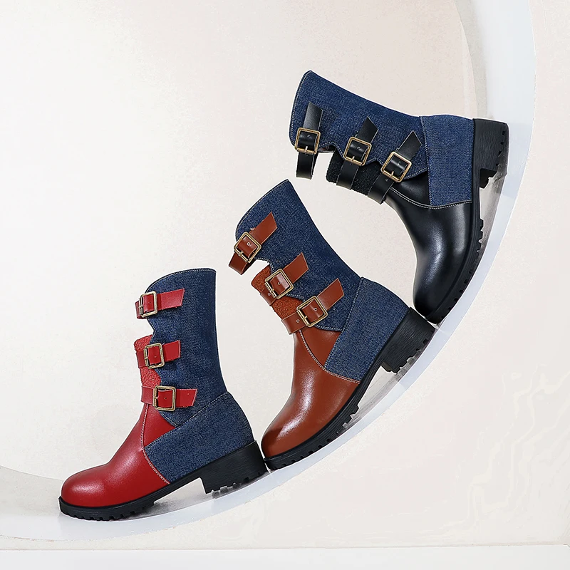 

Winter Color Matching Women Shoes Artificial Leather Nude Boots Square Root Round Toe Martin Boots Autumn Spring Ladies Buckle