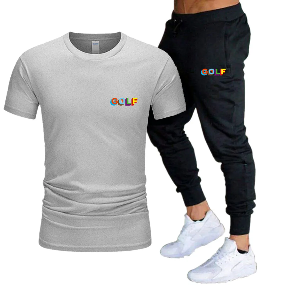 

2021 New Man Cotton T-shirt Hip-Hop GOLF Printing Short Sleeve Summer Tracksuit Oversized Sports Trousers Custom Set Streetwear