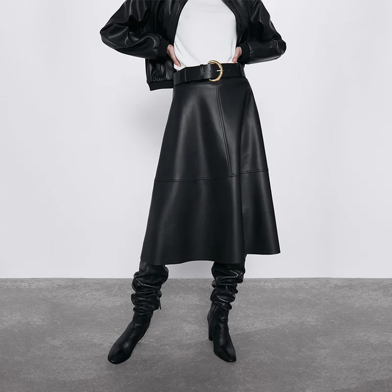 OMIKRON/Зимняя юбка из искусственной кожи с поясом Женская длинная макси