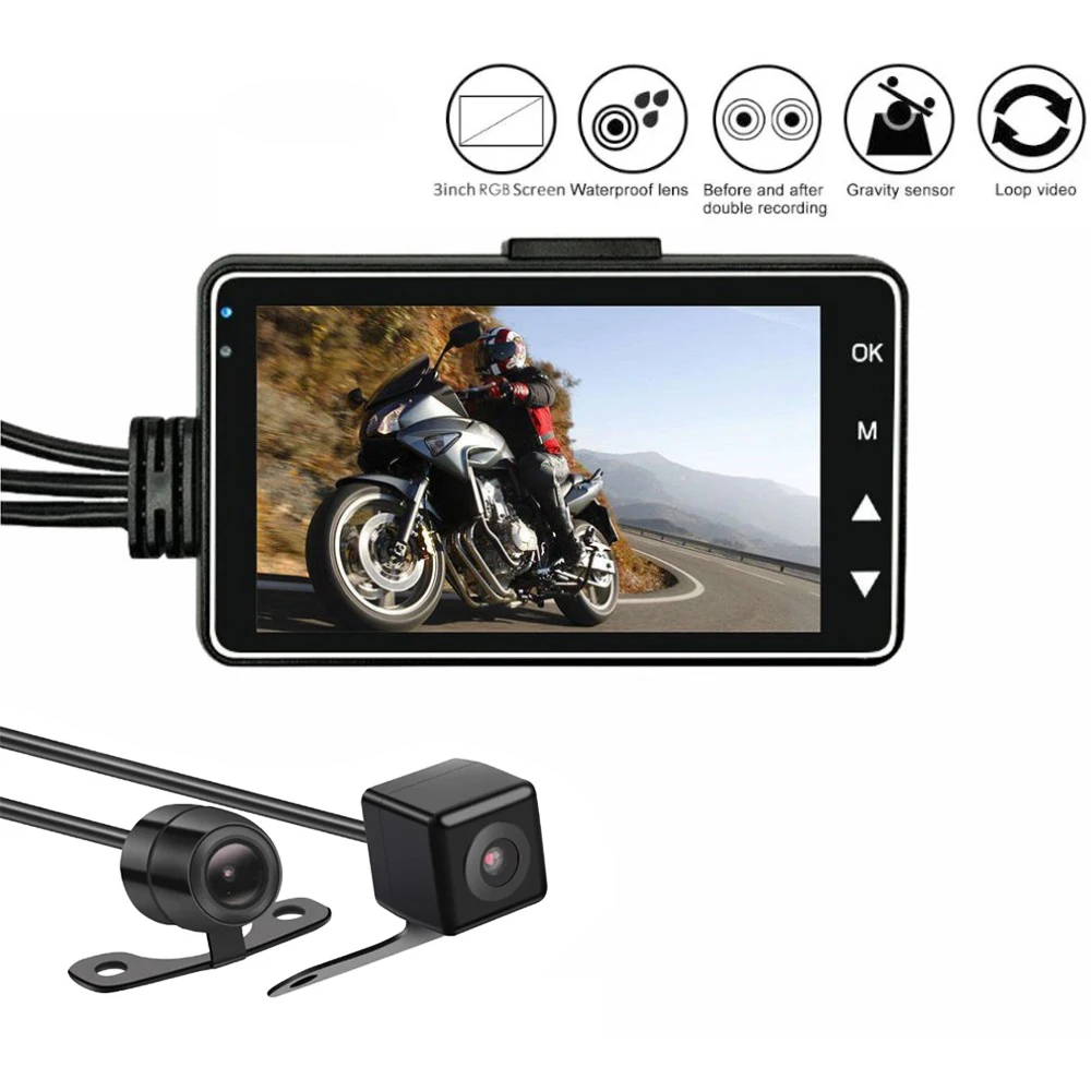 

LAMJAD 720P 3.0" Front Rear Dual Lens Motorcycle DVR Dash Cam 1080P HD Waterproof G-sensor Motorbike Driving Recorder Dashcam