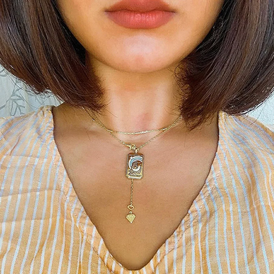 

HangZhi 2021 New Tarot Card Universe Sun Divination Square Pendant Gold-plated Necklace for Women Men Ins Trendy Jewelry Gifts
