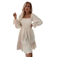 women dresses fashion square neck long sleeve ruffled high waist tight fit commuter dress 2022 early spring pullover mini dress