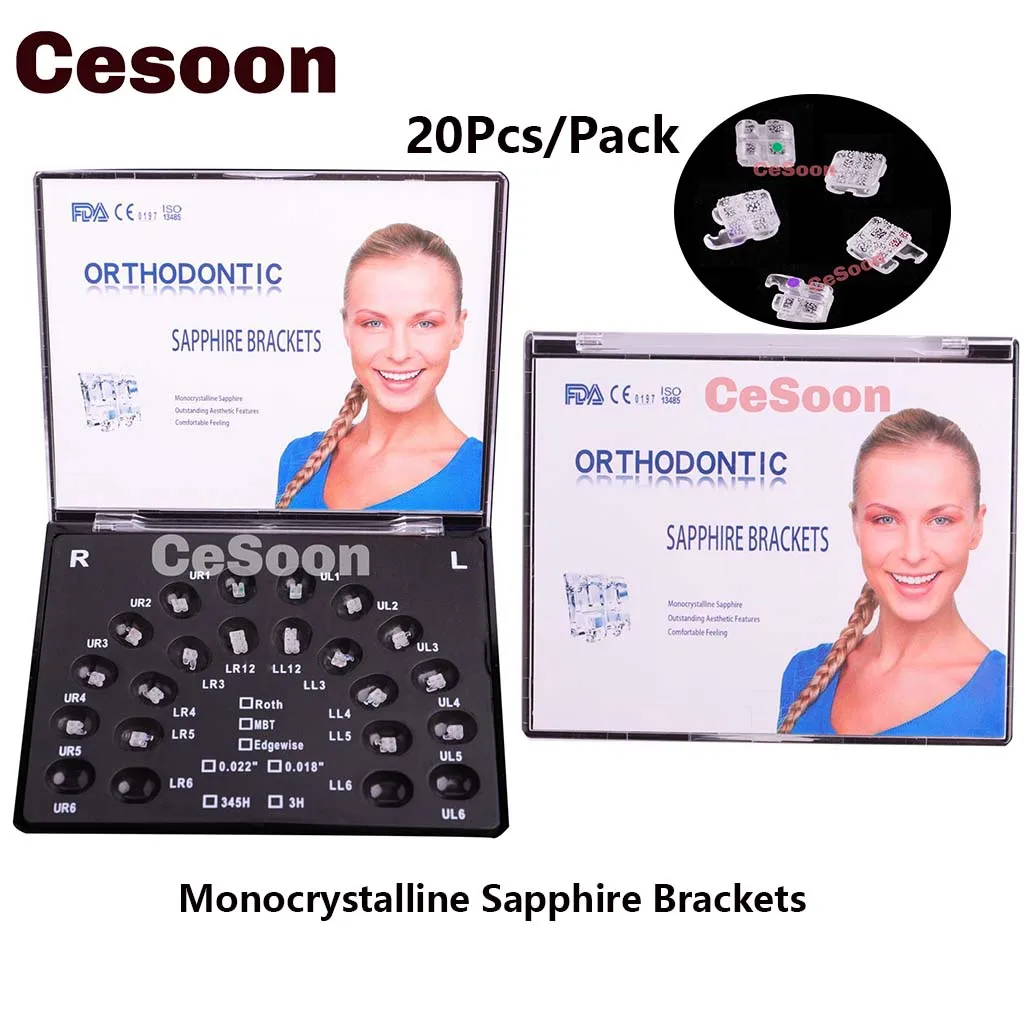 

20Pcs/Pack Dental Orthodontic Monocrystalline Sapphire Bracket Braces Ceramic Brackets Single Crystal Mini Roth/MBT 022 345 Hook