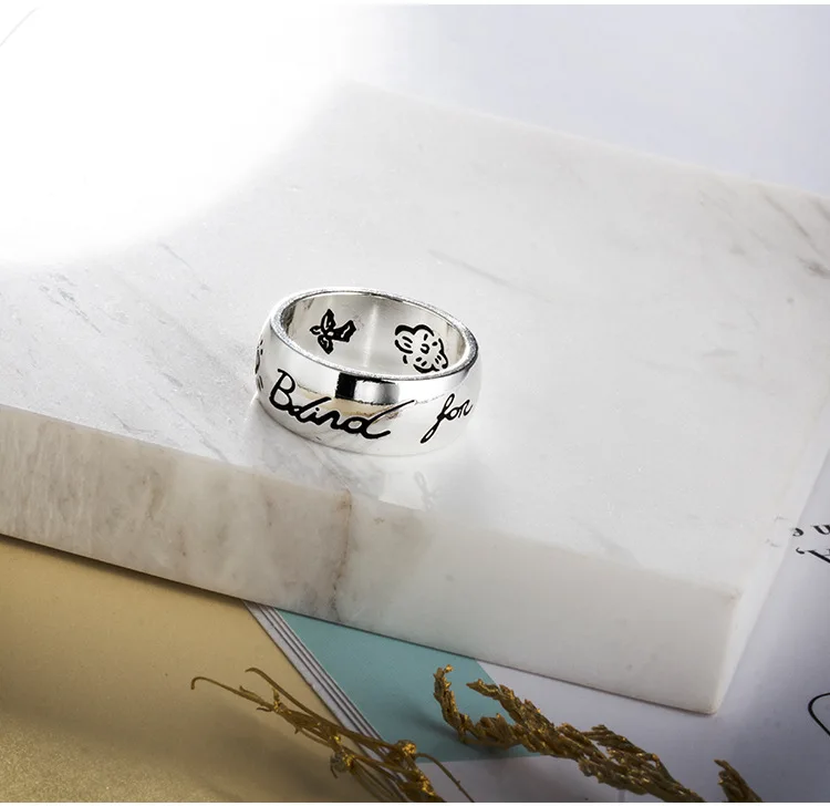 

Trendy Retro Couple Rings Heart Eye Birds Flowers Letter Ring for Women Men Engraved Blind for Love Valentine's Day Gift